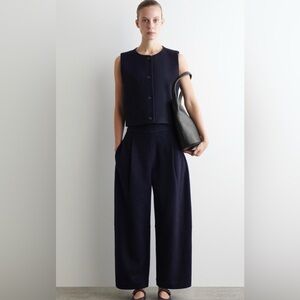 COS boiled wool barrel leg pant size M navy blue NWT